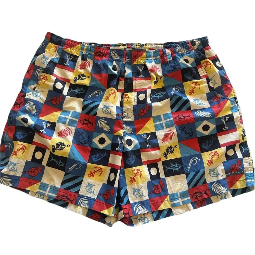 COLUMBIA PFG Men’s XL OMNI-SHADE Swim Trunks Colorful SAILING FLAGS‎ SHORTS Fish